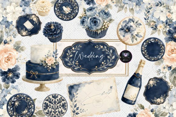 Download Navy Blue Floral Wedding Watercolor Clip - Premium Resources