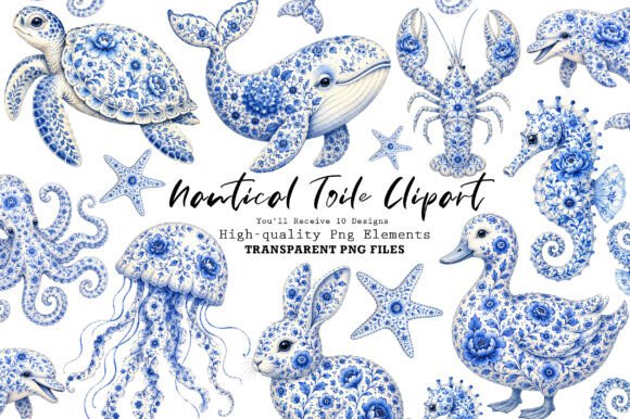 Download Chinoiserie Blue Sea Animals Clipart PNG - Sea animals clipart Collection
