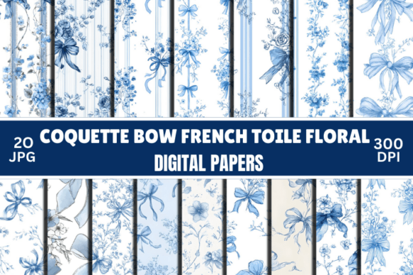 Download Blue Toile Digital Paper, Coquette Bow - Blue Collection