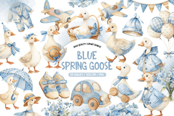 Download Watercolor Blue Spring Goose Clipart - Premium Bundle